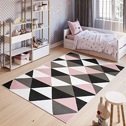 TAPISO Pinky Teppich Kurzflor Kinderteppich Kinderzimmer Rosa Weiß Schwarz Modern Geometrisch...