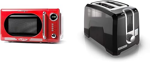 Nostalgia Horno microondas compacto retro para encimera, 0.7 pies cúbicos, 700 vatios y tostadora de 2 rebanadas BLACK+DECKER, T2569B, ranuras extra