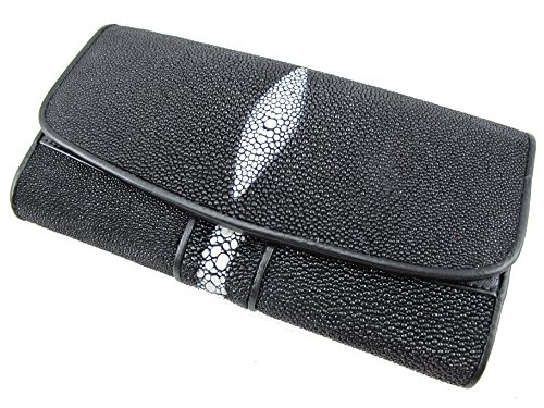 Genuine Row Diamond Stingray Skin Leather Women's Trifold Clutch Wallet Black