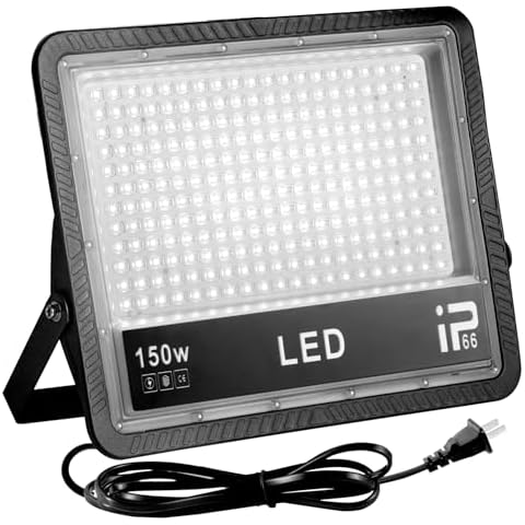 OUSIDE 150W LED Flood Light Outdoor, IP66 Waterproof Exterior Security Lights with Plug, 6500K 15000LM Outside Floodlights for Playground Yard Stadium Lawn Cover