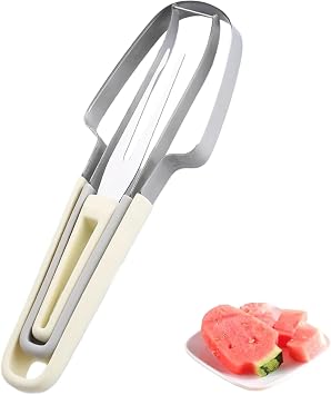 Watermelon Cutter Slicer Tool, 3-in-1 Stainless Steel Watermelon Popsicle Cutter Mold, Watermelon Fork with Slicer Set, Fruit Cutting Tool Kitchen Utility Gadgets 2, Beige