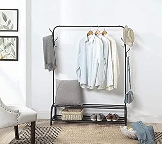Home Treats Black Metal Clothes Rail With Double Show Rack Storage Shelves Tidy Rail