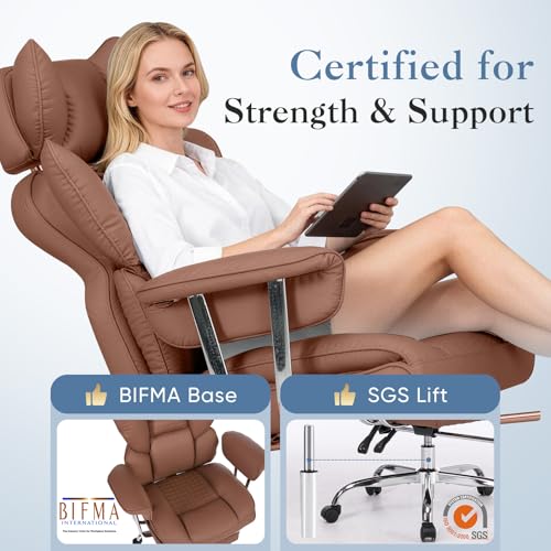 Image of DUMOS Big and Tall Office Chair 400 LBS, Scratch-Resistant PU Leather Executive Office Desk Chair with Footrest, Ergonomic Reclining Computer Chairs with Pocket Spring Support, Brown