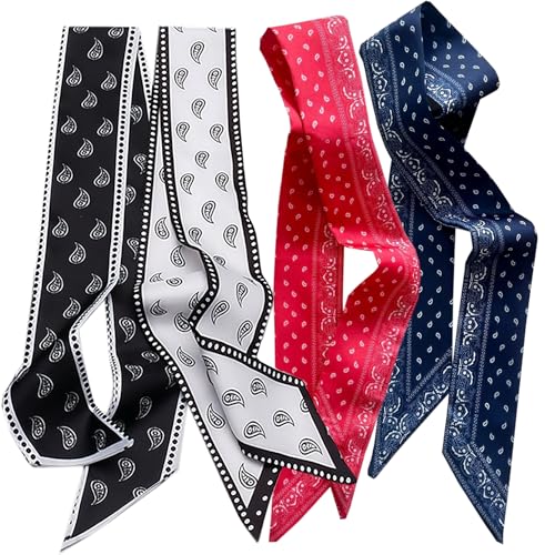 AruiLeo 4 Pcs Bag Handbag Handle Ribbon Hair Head Band Neck Scarf For Hair Fashion Skinny Scarves For Women Gift (Red navy)