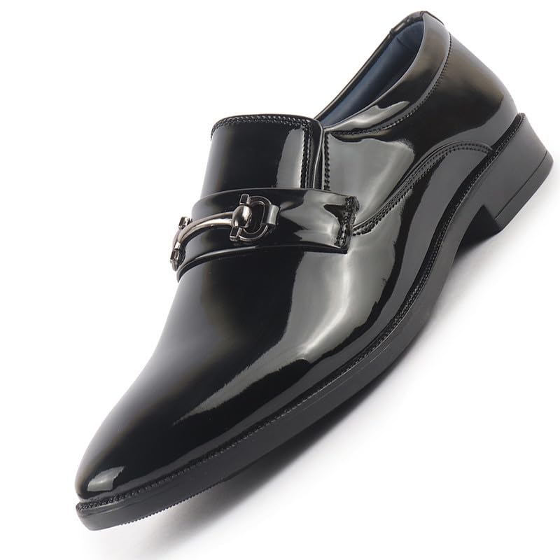 Image of FAUSTO Men Horsebit Buckle Patent Leather Party Formal Slip On Shoes | Extra Cushioned Insole Tuxedo Loafers for Wedding, Reception, Cocktail
