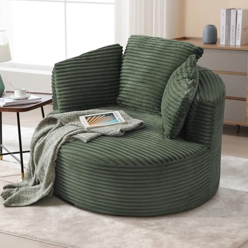 Image of Antetek 48.8-inch Round Chair, Modern Accent Corduroy Comfy Deep Seat Boneless Foam Floor Single Circle Chaise Sofa Chair with 3 Pillows for Living Room Bedroom Office, No Assembly Required, Green