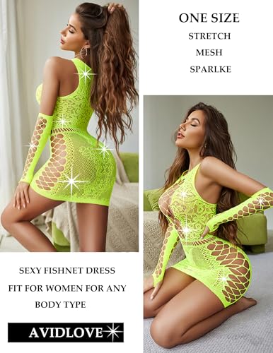 Image of Avidlove Fishnet Lingerie Womens Mesh Chemise One Piece Babydoll Mini Dress Lace Sparkle Rhinestone Lingeries for Women