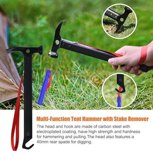 Image of Eurmax USA Hiking Camping Tent Stakes and Hammer Set Lightweight Multi-Function Tent Hammer with Tent Stake Remover,Tent Pegs for Camping, Hiking, Backpacking, Gardening(Blue Stakes)