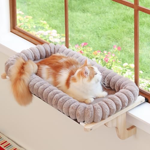 Image of Zakkart SnugCloud Cat Window Perch with 4-Sided Bolster - Orthopedic Cat Hammock for Window Sill - Solid Hardwood & Metal Frame - Window Seat for Pets (Natural Color Wood w /Brown Bed, Large)