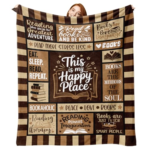 Zzkol Book Lovers Gifts Flannel Throw Blanket, This is My Happy Place Gift for Reader, Reading Birthday Ideas, Book Club Librarian Blanket for Bookworm Bookish 50"x60"