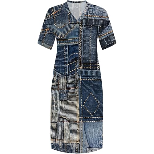 Image of SUZONANA Plus Size Denim Print Shirt Maxi Dresses for Curvy Women Casual Blue Jean Summer Outfits Long Short Sleeve Dress with Pockets Patchwork XL