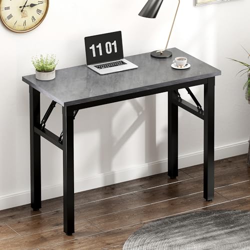 Image of Need 31.5 Inch Folding Desk for Small Spaces, Home Office Computer Desk with Grey Wood Top & Black Frame, Foldable Writing Table for Study, Bedroom, Dorm Room & Student