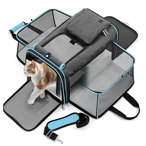 Large Cat Carrier Bag Expandable Soft Sided Pet Backpack Carrier for 1-2 Cats Breathable Mesh Portable Dog Carry Bag with Removable Fleece Pad for Travel Outdoor Camping