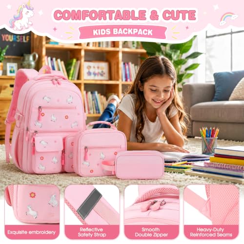 Image of DIGOBAY Backpack for Girls 6-8, 3PCS Embroidery Toddler Girls Backpack with Lunch Bag Pencil Case, 15.7 inch Kids School Bookbag for Preschool Kindergarten Elementary Daycare Backpacks, Pink Unicorn