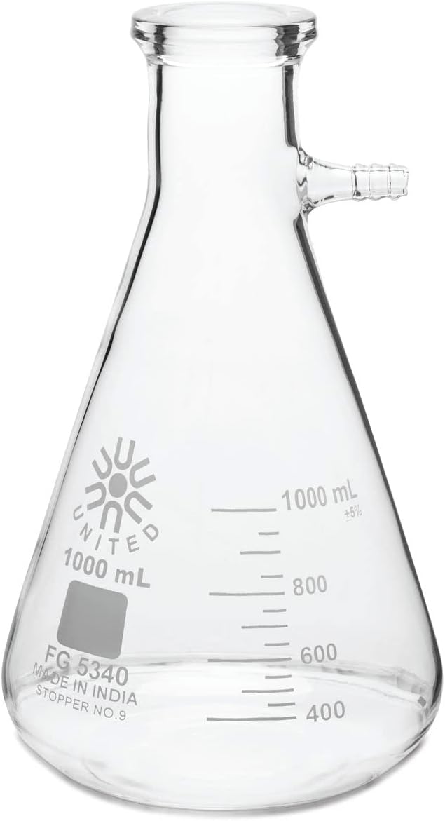 United Scientific FG5340-1000 Borosilicate Glass Heavy Wall Filtering Flask, Bolt Neck with Tubulation, 1000ml Capacity