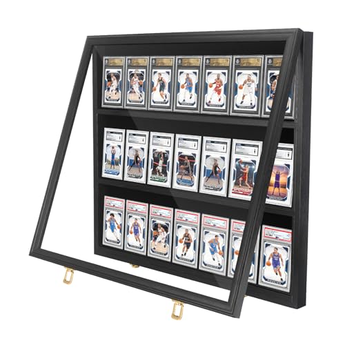24 Baseball Card Display Case Lockable Graded Sports Card Frame with UV Protection Clear View Wall Cabinet for PSA BGS Trading Cards, Football Basketball Hockey Collector Holder