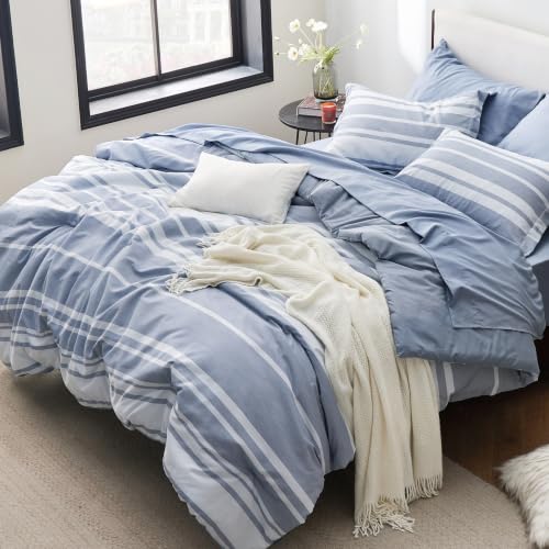 Bedsure Blue Comforter Set, Queen Size Bedding Set, Striped 7 Piece | Bed in a Bag, Bedroom, Plaid, Nautical, Cationic Dyeing, Gift Choice, Whisper-Quiet, OEKO - image 1