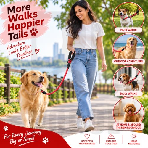 Image of PetVogue FT Nylon Rope Dog Leash, Heavy Duty Training & Walking Lead for Small, Medium & Large Dogs, Reflective Pet Walking Cord with Comfortable Padded Handle & Strong Metal Clip (Red)