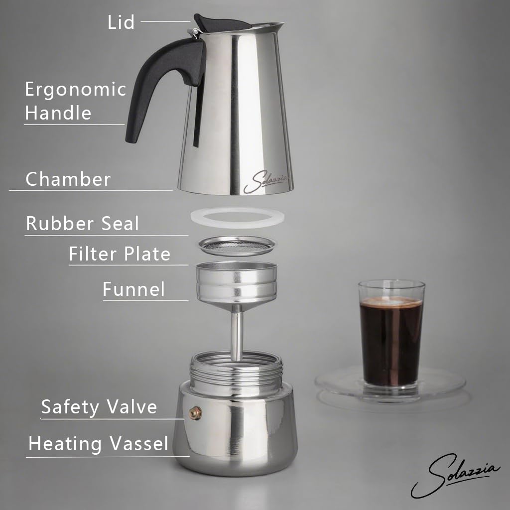 Espresso Maker 4 Cup Moka Pot Stainless Steel Percolator coffee pot, Compatible with Gas, Electric, Ceramic, and Induction stovetops(6.6 fl oz/200 ml)