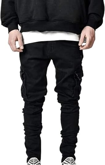 Mens Lightweight Pants Regular Buckle Zipper Multi Pockets Solid Skinny Jeans Spring Fashion Slacks Tapered Pant