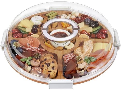 Round Charcuterie Board with Clear Lid, Travel Picnic Portable Cheese Board Charcuterie Boxes, Meat Fruit Serving Tray Platter, House Warming Gifts New Home, Gifts for Women