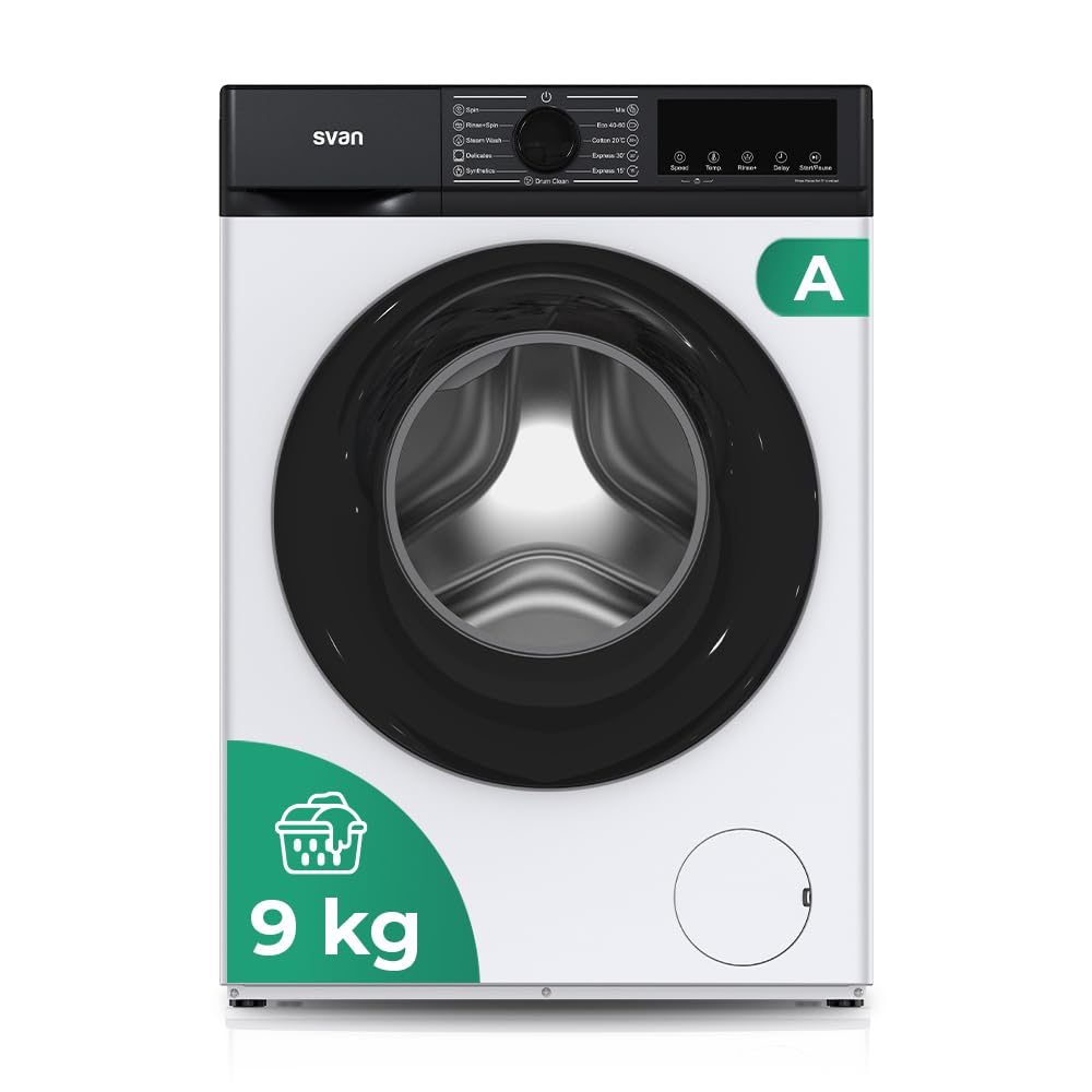 Svan Lavadora 9 Kg Carga Frontal, Blanco, SL9404AIDV. 1400 rpm, Motor Universal, 11 Programas, Eco-logic System, Tambor Acero Inoxidable, Clase de Eficiencia Energética A