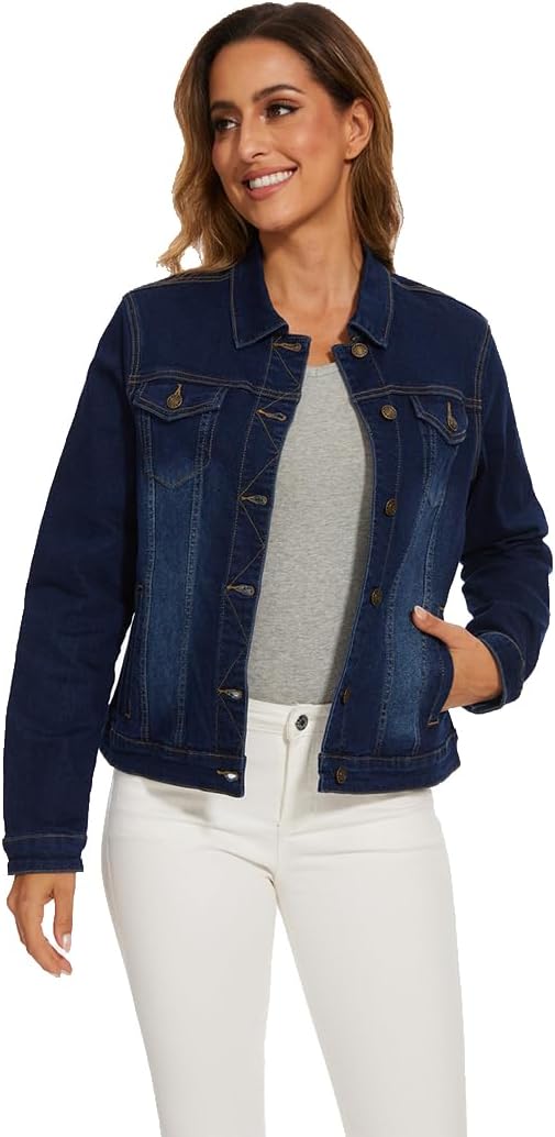 J.Corrine Women's Stretchy Denim Jacket Long Sleeve Vintage Basic Trendy Button Up Trucker Jean Jackets