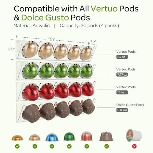 Image of LifeMoreasy Magnetic Coffee Pods Holder for Nespresso Vertuo & Dolce Gusto, Self-Adhesive Wall Mounted Capsule Organizer for Kitchen Cabinet Fridge(4 Packs for 20 Pods)