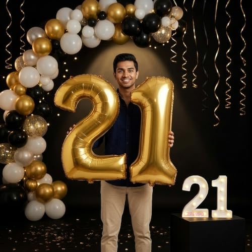 Image of Balloonistics Gold 40-Inch Foil Number 21 Balloon with Matching LED Marquee Light - Combo Set for 21st Birthday Decoration, Anniversary, Party Backdrop, Cake Table Decor