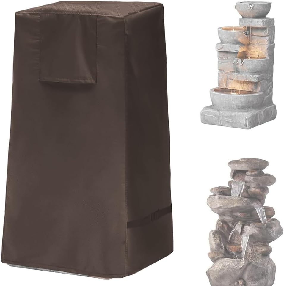 Outdoor Garden Fountain Covers, 600D Oxford Waterproof Winter Garden Statue Feature Locking Drawstring Protective, Courtyard Patio Cascading Bowls Stacked Stone (46.5 * 46.5 * 84cm,Gray)