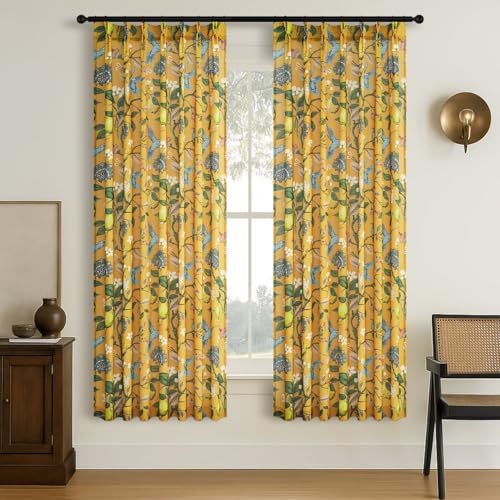 Drapenova Linen Pinch Pleated Sheer Curtains 54 Inch Length 2 Panels Set Lemon Hummingbird Patterned...