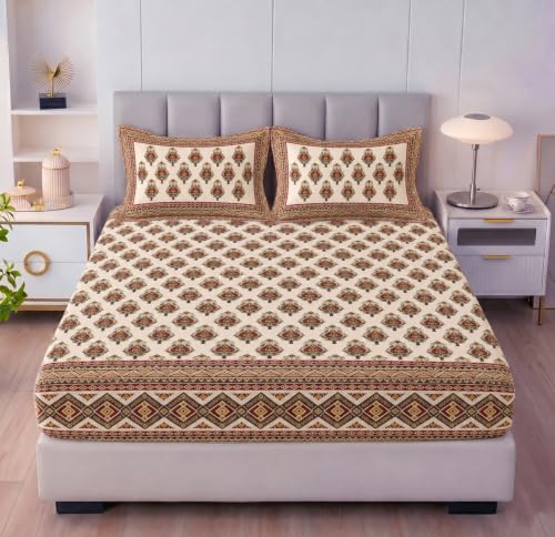 Image of VAS COLLECTIONS 240 TC Premium Double Bed Fitted Bedsheet, Soft Comfortable Stretchable Mattress Sheet with Elastic Fitted Corners, Durable Easy Care, 72 x 72 + 10 Inches (183x183+25 cm) - Light Sand