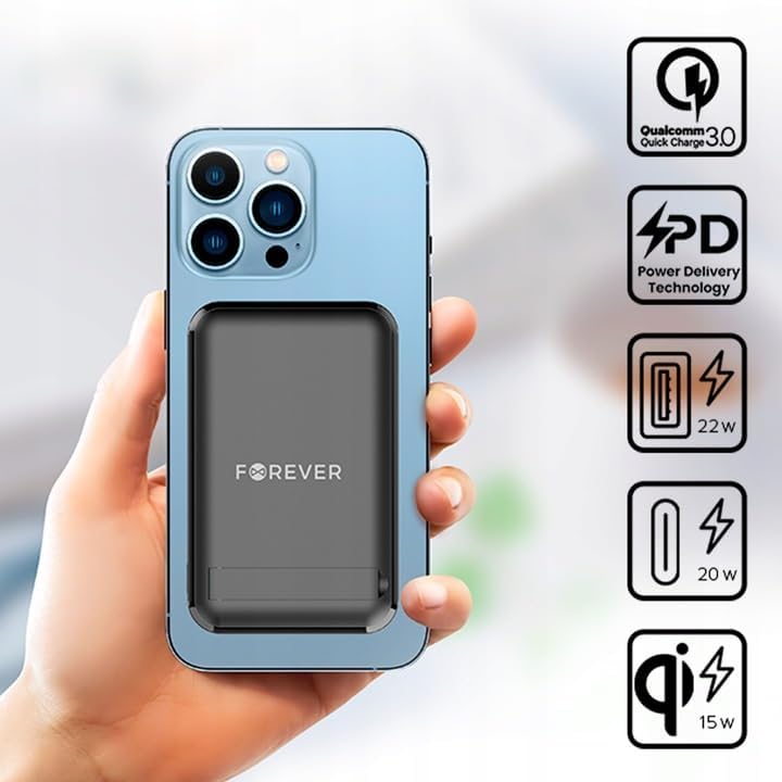 Smartphone wirelessly charging with FOREVER MATB-100, showing charging icons