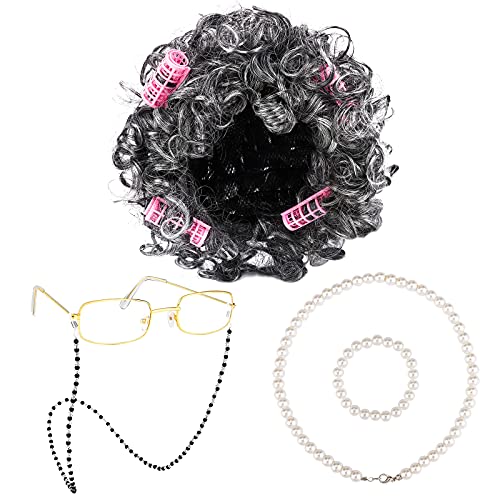 URATOT Old Lady Wig Set Dark Gray Granny Costume Party Wigs with Hair Rollers, Glasses, Chain, Necklace, Bracelet Dress Up Costume Cosplay Supplies URATOT Old Lady Wig Set Dark Gray Granny Costume Party Wigs with Hair Rollers, Glasses, Chain, Necklace, Bracelet Dress Up Costume Cosplay Supplies