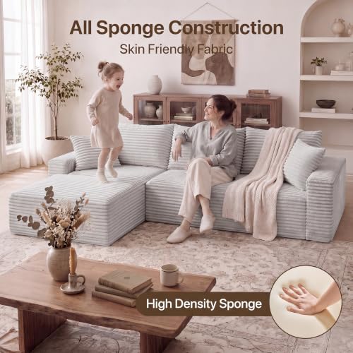 Image of Claiks 94 inch Boneless Couch, L-Shape Corduroy Modular Sectional Sofa Deep Seat,No Assembly Required, Light Grey