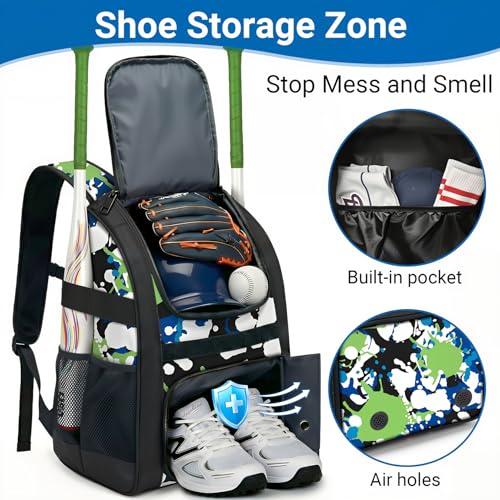 Image of Youth Baseball Bag - Softball Bag for Girls & Boys with Shoes Compartment, Bat Backpack for Baseball, T-Ball & Softball Equipment