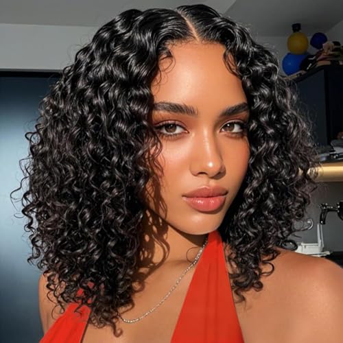 Deep Wave Glueless Bob Wig Human Hair 12 Inch 5x5 HD Lace Front Wigs Human Hair Pre Plucked Pre Cut 180 Density Wear and Go Curly Wigs for Women Wet and Wavy Natural Black