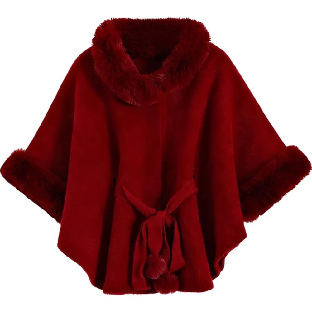 Womens Winter Cape Poncho with Fluffy Trim Elegant Sleeveless Shawl Wrap Cloak Cardigan Coat for Cold Weather