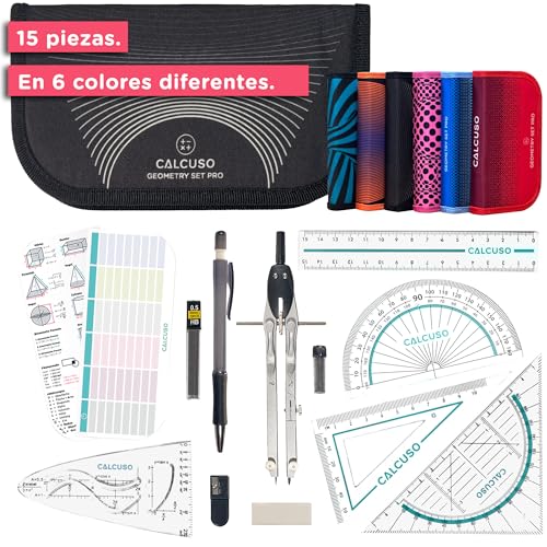 CALCUSO JUEGO DE GEOMETRÍA PRO en un estuche negro con compás y transportador - Estuche práctico para escuela, universidad, oficina y dibujos - Ideal como set de geometría para la escuela