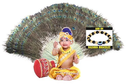 Image of Krishna Dress for Kids, Baby Krishna Dress for Janmashtami with Krishna Mukut, Peacock Feather & Flute Embroidered Krishna Costume for Girl & Boy, 3 Months-8 Years