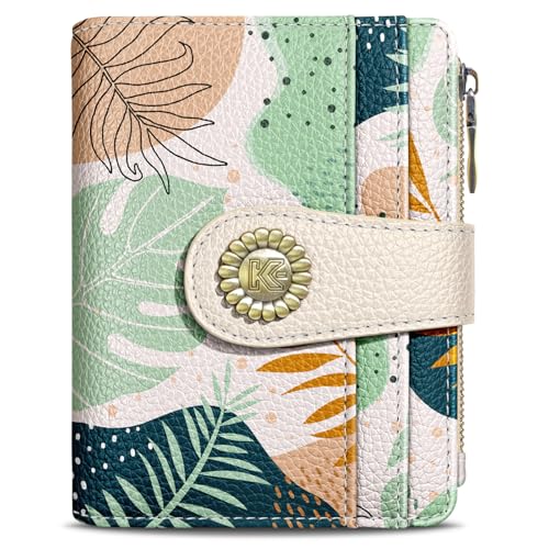 Image of Kelvoris Boho Leafs Abstract Art Small Rfid Women Wallet Bifold Zipper Coin Pocket PU Leather Compact Cash Credit Card Holder Travel Wallet for Female Ladies Teen Girls 1 ID Window 10 Card Slots