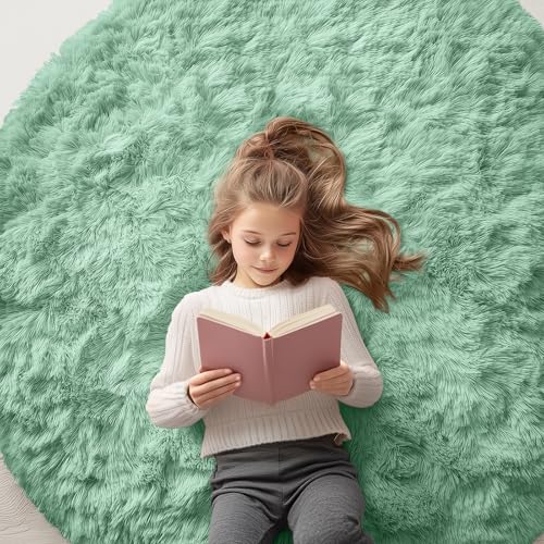 OLANLY Mint Green Round Rugs for Bedroom - Machine Washable, 5 ft Circle Area Rugs for Living Room, Soft and Fluffy Shaggy Carpet for Teen Girls and Boys, Nursery Rooms, Dorms, Home Decor Aesthetic