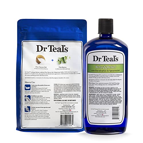 Image of Dr Teal's Epsom Salt Soaking Solution and Foaming Bath with Pure Epsom Salt, Eucalyptus 3 Pound Bags, and 34 Ounce Bottle