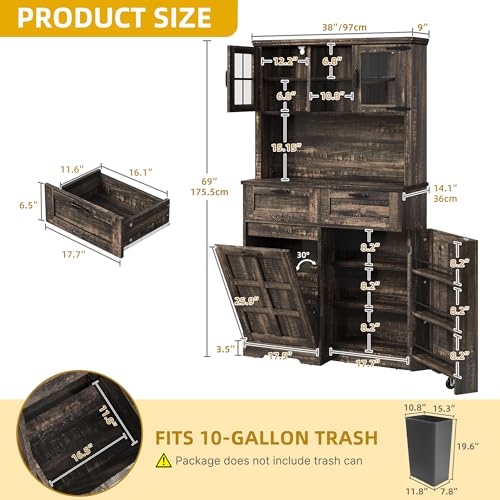 DWVO Kitchen Pantry Storage Cabinet with Tilt-Out Trash Can Fit 10 Gallon, Tall Farmhouse Kitchen Hutch Cabinets with Charging Station & Microwave Stand for Home Living Dining Room, Dark Rustic Oak