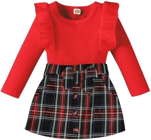 AMAWMW Toddler Baby Girl Fall Winter Clothes Long Sleeve Ruffle Shirt Corduroy Mini Skirt Infant Girl A-line Dress