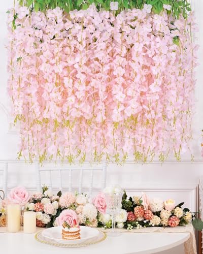 Image of SATYAM KRAFT 6 Pcs (43.2 inch) Artificial Wisteria Vine Garland | Long Silk Hanging Flowers String for Wedding Decoration Items, Shaadi Mandap, Christmas Party, Festival Event & Home Decor (Peach)