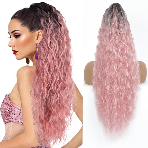Image of Claw Clip Ponytail Extension 26In Long Wavy Curly Hair,Ombre Pink