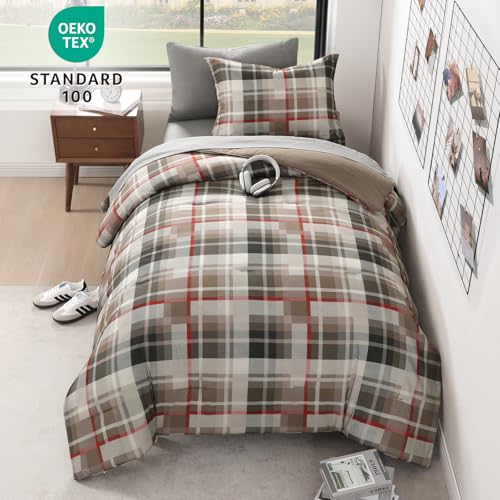 Image of MaiReve Twin XL Comforter Set, Plaid Design Comforter Set 5 Pieces,Twin XL Comforter for Dorm Farmhouse All Season Lightweight &Comfy with Fitted Sheet, Flat Sheet (Khaki, 66 inchx90 inch)