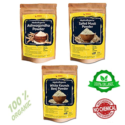Image of MEDICO EXPERTS Ashwagandha Powder, Safed Musli Powder, White Kaunch Beej Powder - 300gm (100gm x 3 pack) | 100% Pure & Natural | For Strength, Stamina, Performance, Vitality, Natural Immunity
