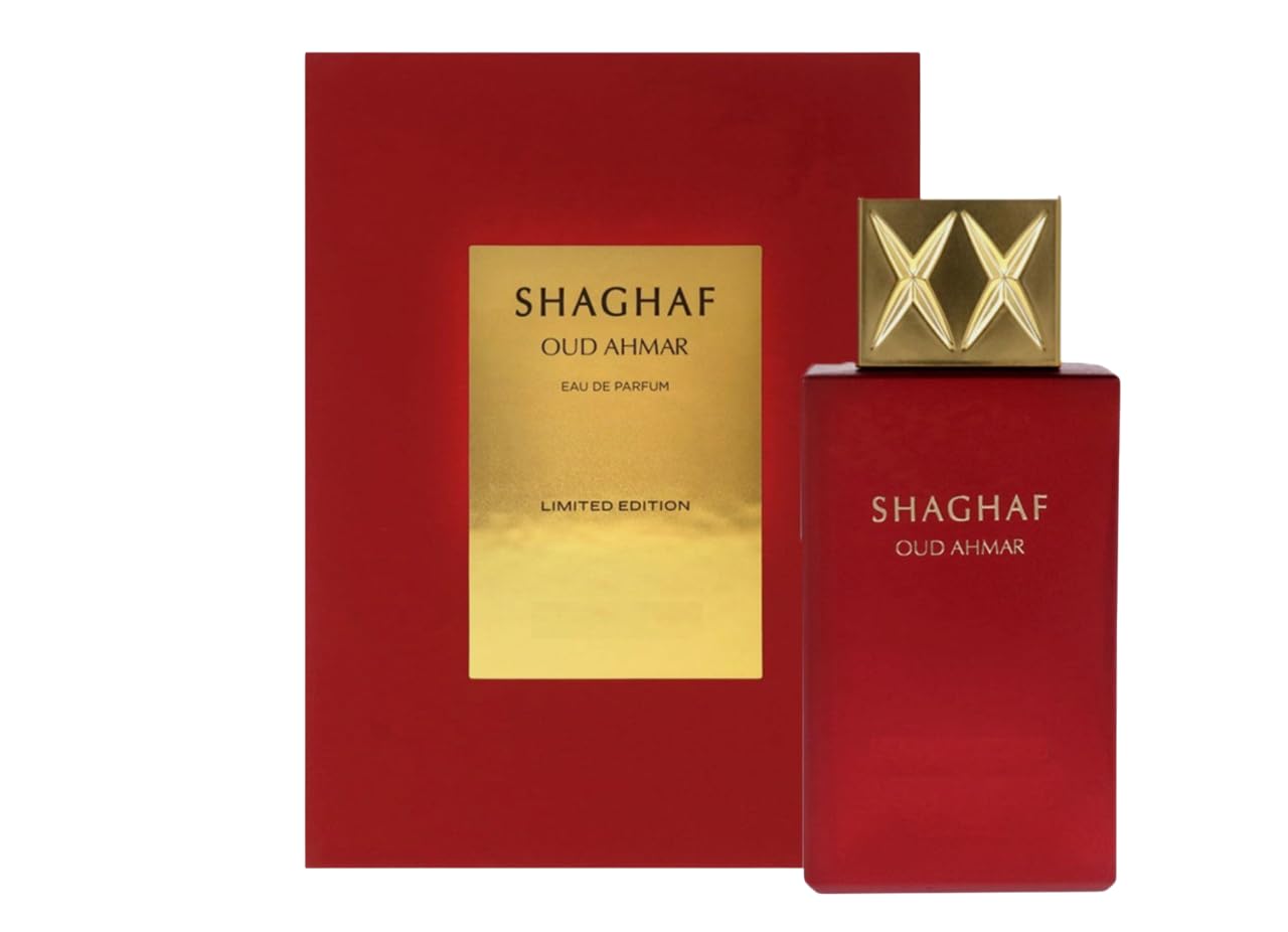 Shaghaf Oud Tonka Eau de Parfum 75 ml, lang anhaltender arabischer Duft, Unisex, mit Zerstäuber, nachfüllbar, 5 ml, orientalischer Duft mit Mandel-, Türkischen Rosen- und Tonkabohne, Shaghaf Oud Ahmar